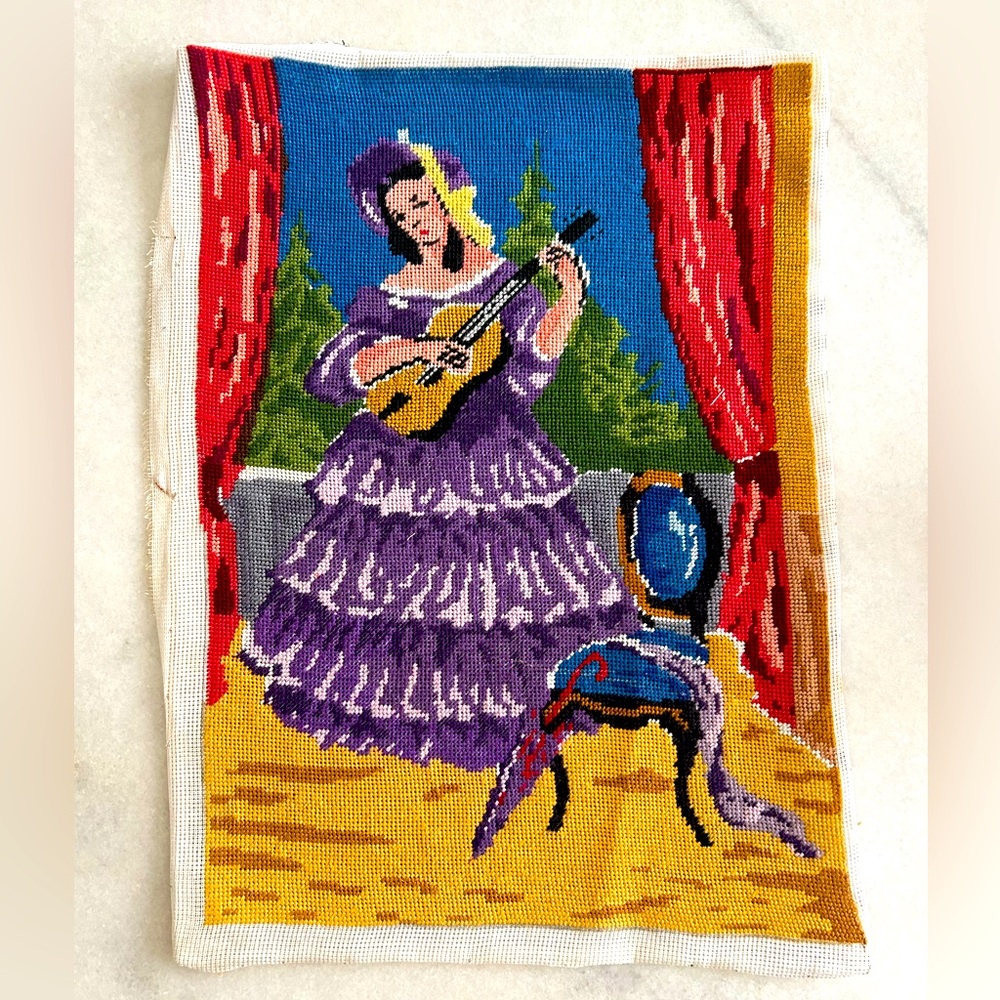 Vintage Needlepoint Completed Lady W/Guitar Hat Not Framed Clean Colorful Craft